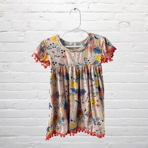 Mila & Rose // Pink Floral Girls Dress with Pom Pom Sleeves